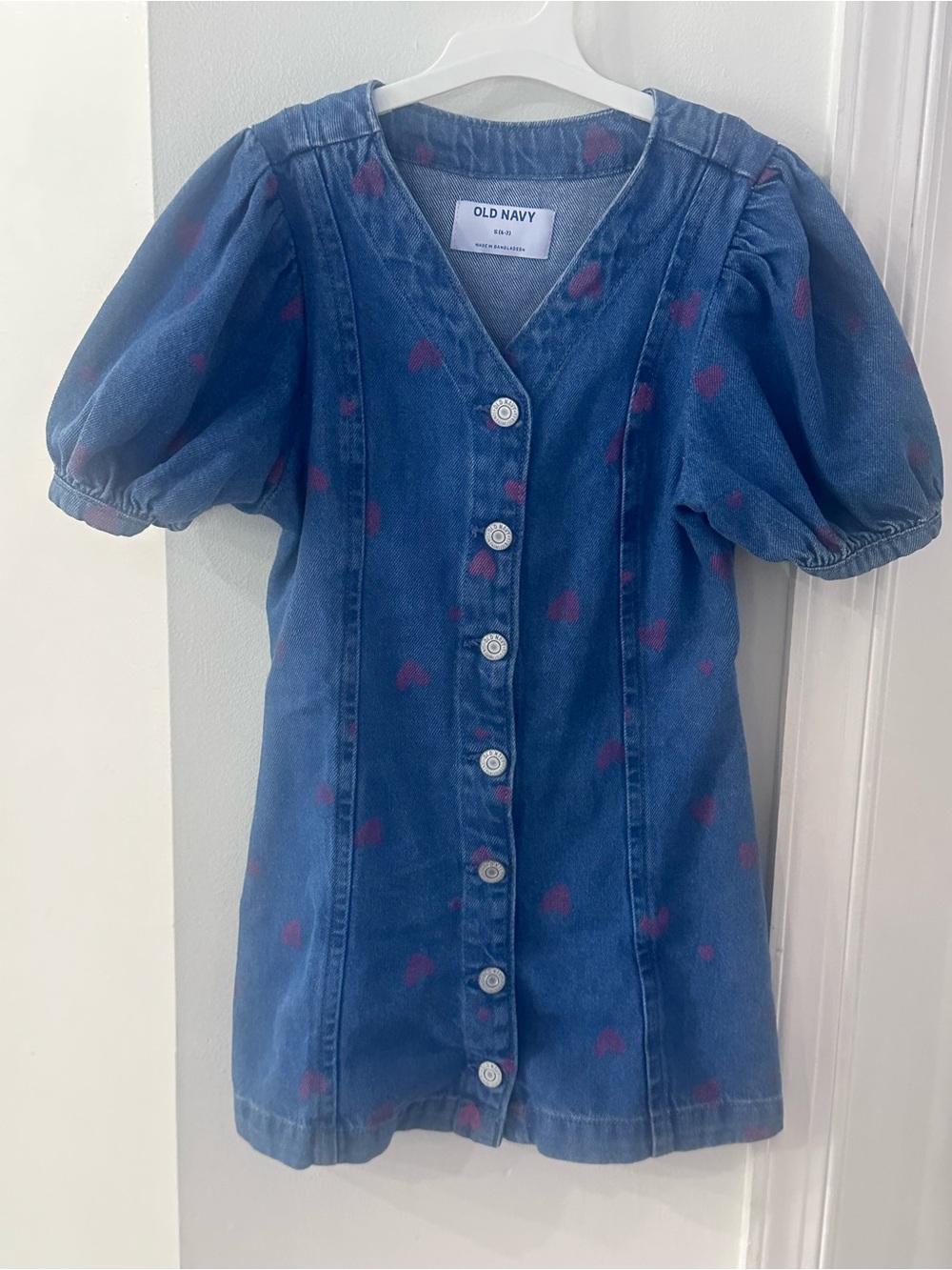 Old Navy Blue Denim Dress with Pink Heart Print
